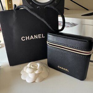CHANEL Lipstick Makeup Case black Leather 9.2cm x 8.7cm + Gift Bag